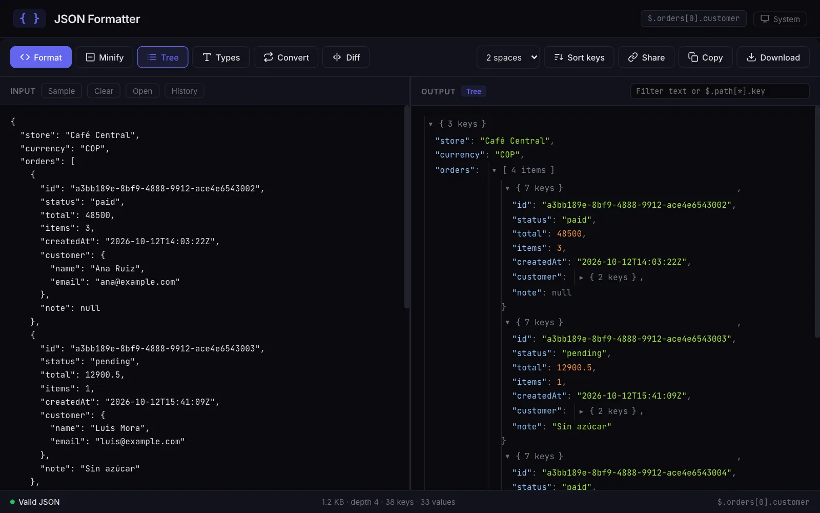Árbol: el JSON plegable, con la ruta del nodo bajo el puntero