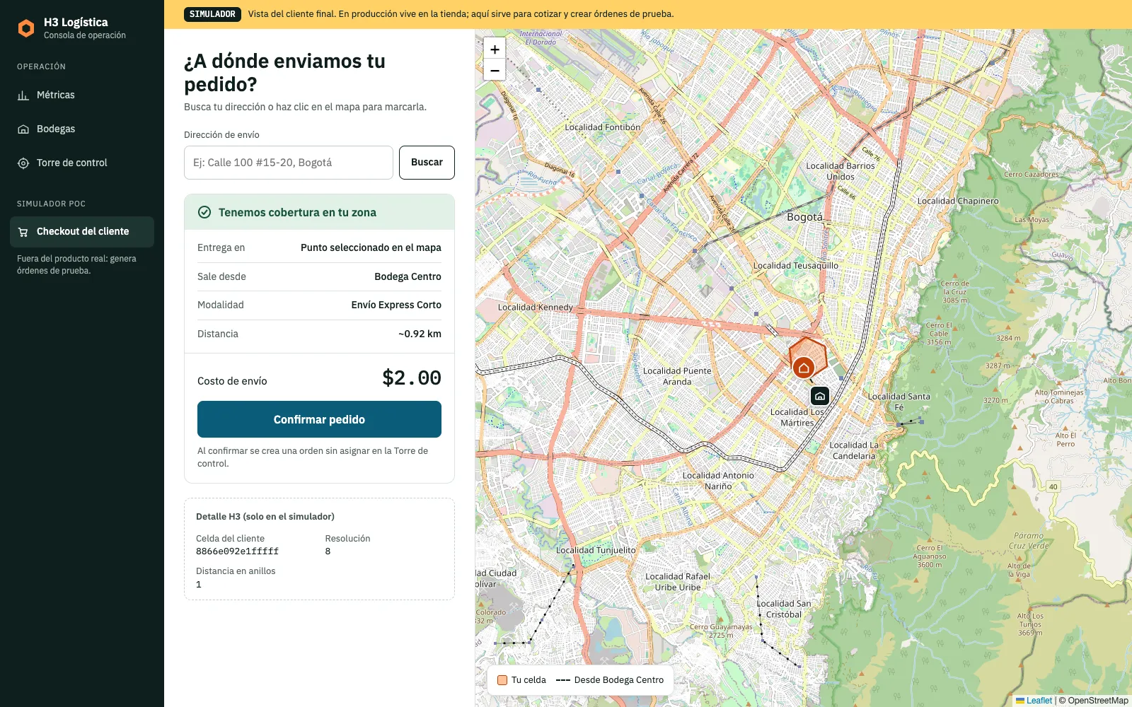 Checkout: la dirección marcada en el mapa, con su bodega y el costo de envío
