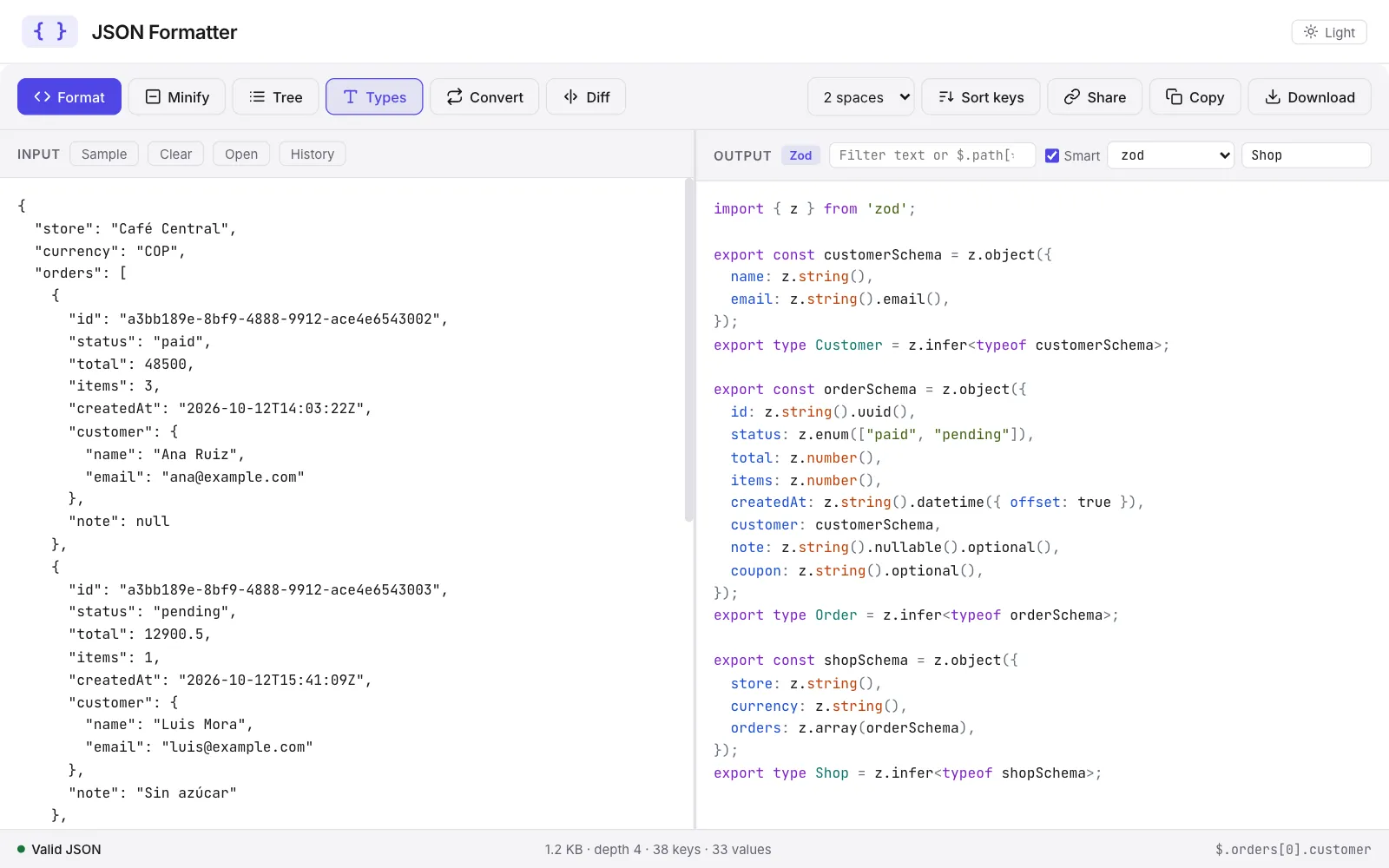Tema claro: el esquema de Zod generado a partir del mismo JSON
