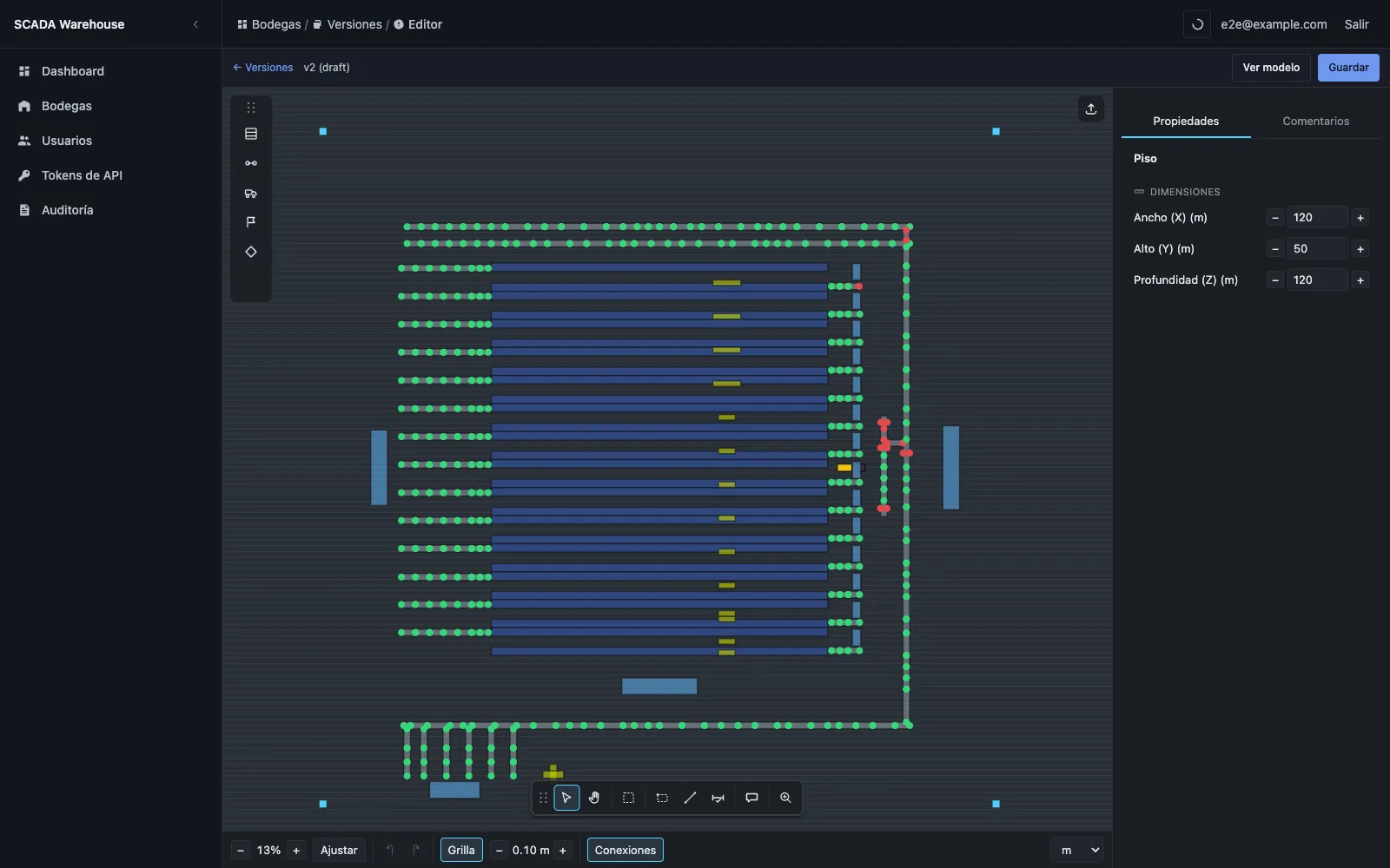 Editor 2D: el layout de la bodega con racks y conveyors