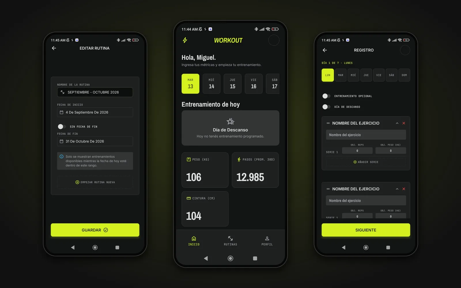 La app móvil: editar la rutina, el inicio con las métricas y el registro de ejercicios por día