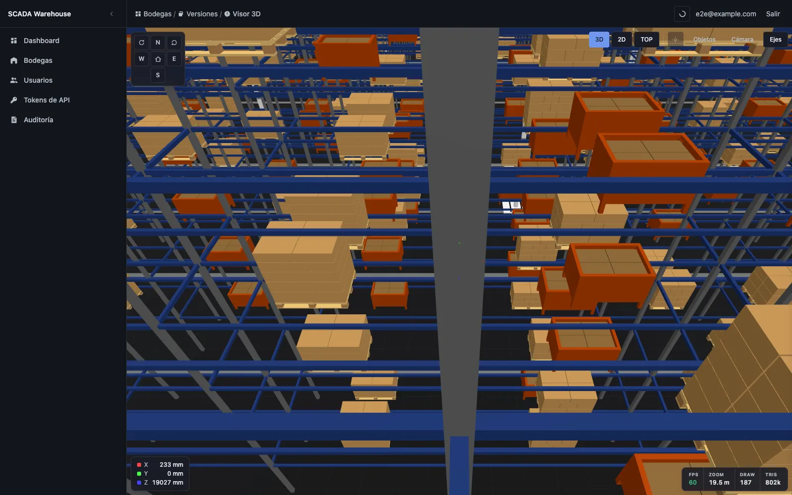 Visor 3D: detalle de los racks con pallets y jaulas